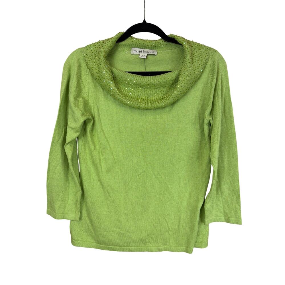 NWT David Brooks Green Silk Cashmere Blend Sparkly Beaded Cowl Neck Top Size M